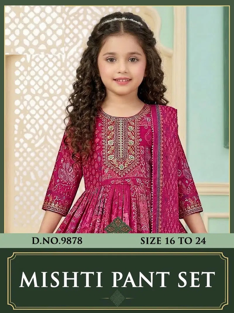 Mishti 9878 Roman Glass Silk Kids Wear Kurti Set