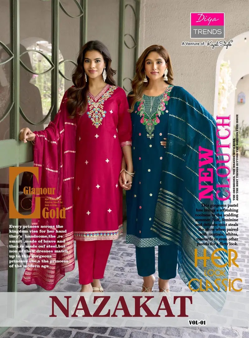 Diya Trends Nazakat Vol 1 Embroidery Neck Work Kurti Set With Dupatta
