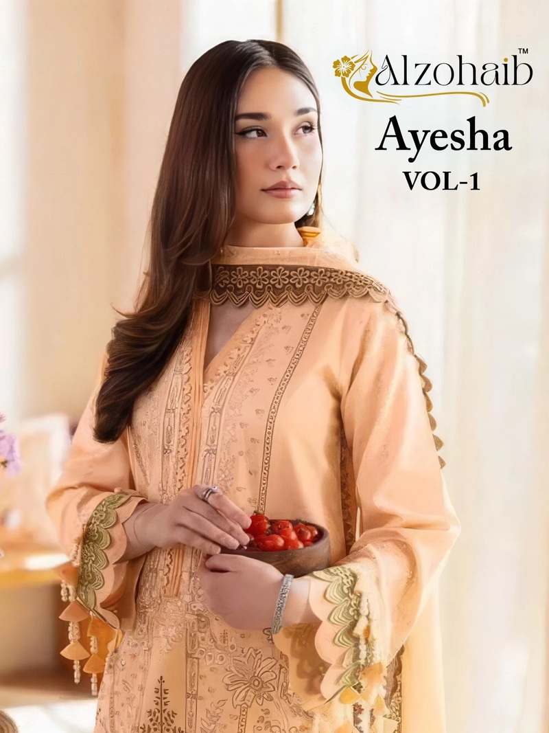 Alzohaib Ayesha Vol 1 Cotton Patch Worked Salwar Suits Chiffon Dupatta