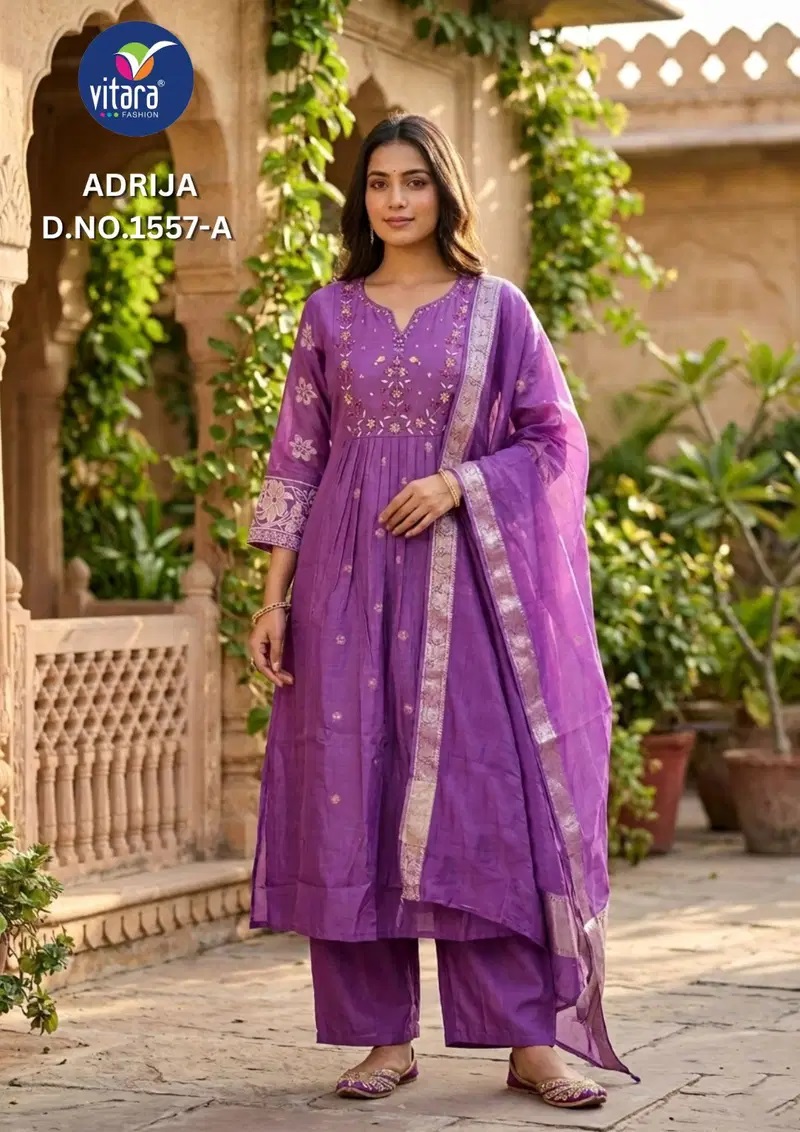 Vitara Adrija Mul Chanderi Hand Work Kurti Set With Dupatta