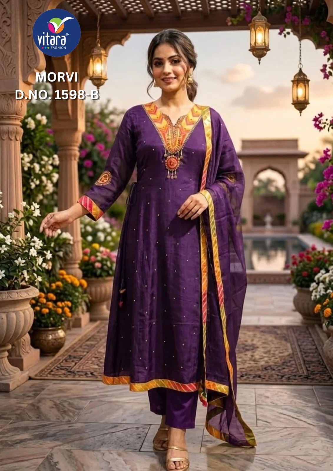 Vitara Morvi Mul Chanderi Embroidered Kurti Pant Set With Dupatta