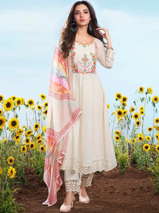 Pavitra 001 Pure Cotton White Anarkali Kurti Set With Dupatta