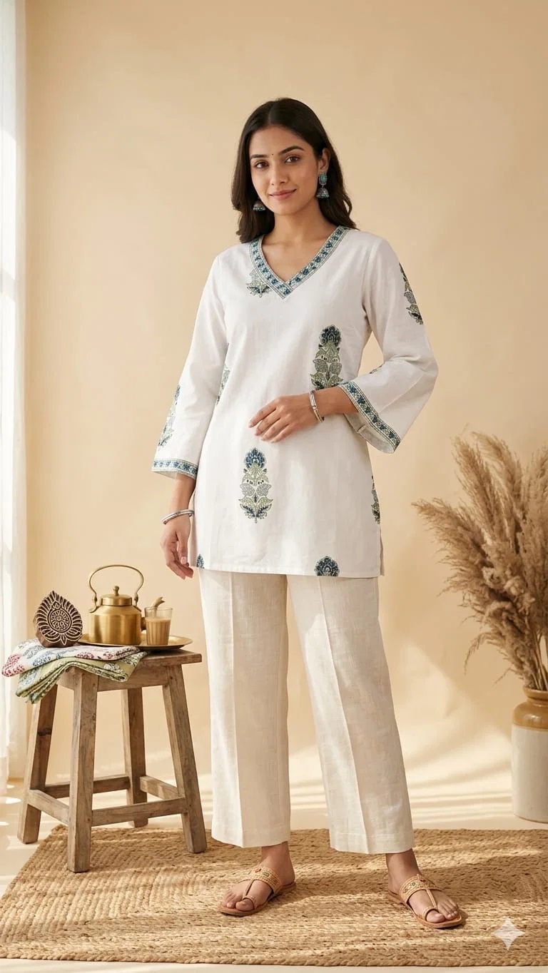Nisha Code 1000 Cambric Cotton Block Printed V Neck Tops