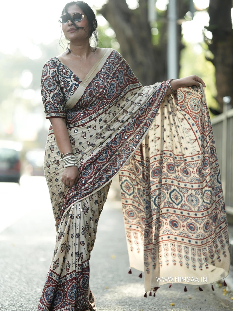 Kc 2134 Ajrakh Print With Mirror Work Saree Collection