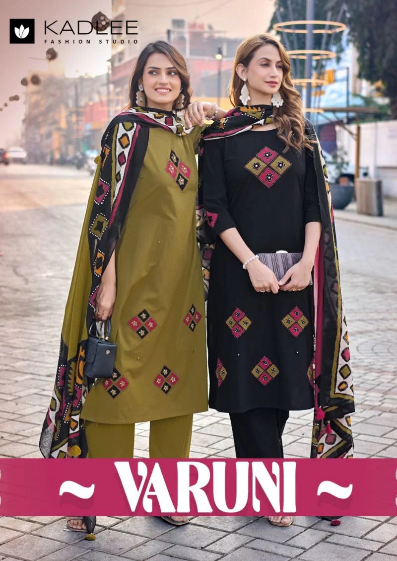 Kadlee Varuni Dhabu Cotton Thread Worked Kurti Set With Dupatta