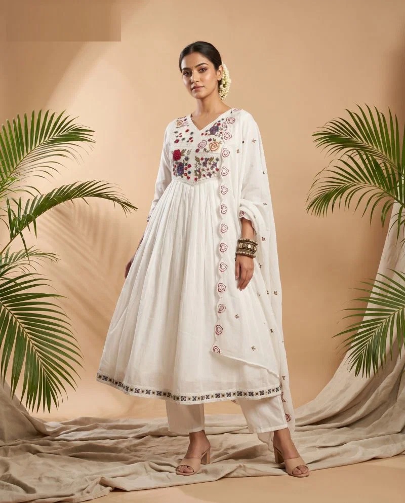 Nisha K 1069 Mul Chanderi Embroidered Work Kurti Set With Dupatta