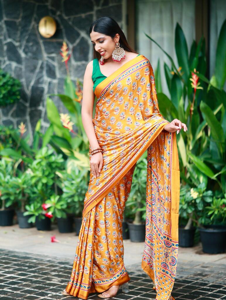 N 5603 Beautiful Ajarakh Print With Real Mirror Work Saree Collection