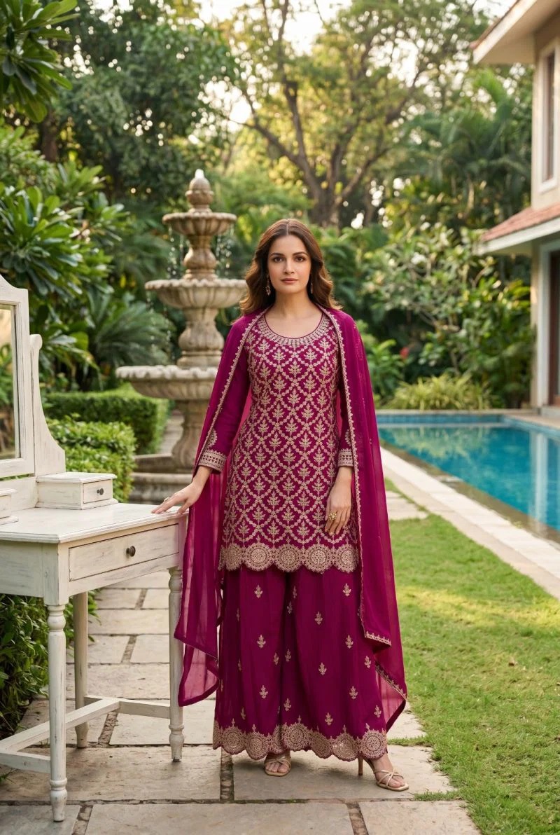 Aurraa Meenara Chinon Designer Salwar Palazzo With Dupatta