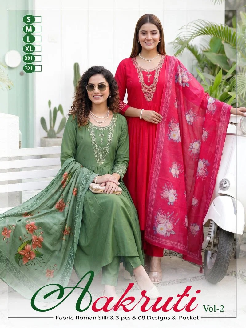 Aakruti Vol 2 Roman Silk Embroidered Kurti Set With Dupatta