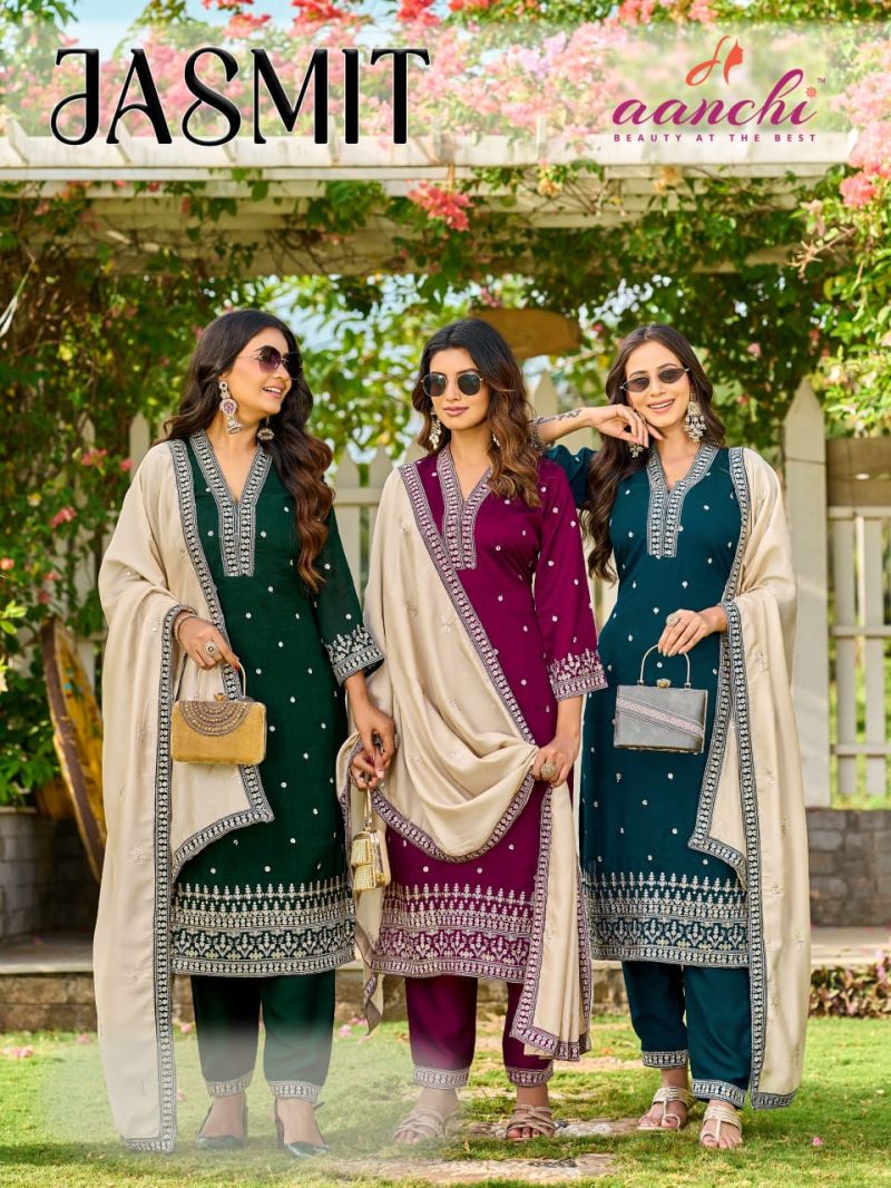 Aanchi Jasmit Vichitra Silk Embroidery Kurti Set With Dupatta