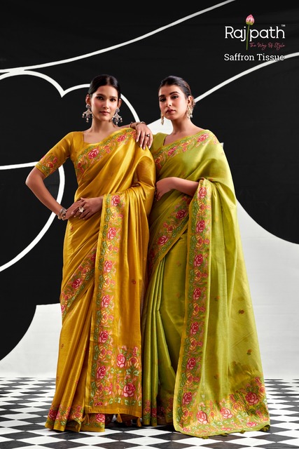 RajPath Saffron Tissue Silk Traditional Saree Collection