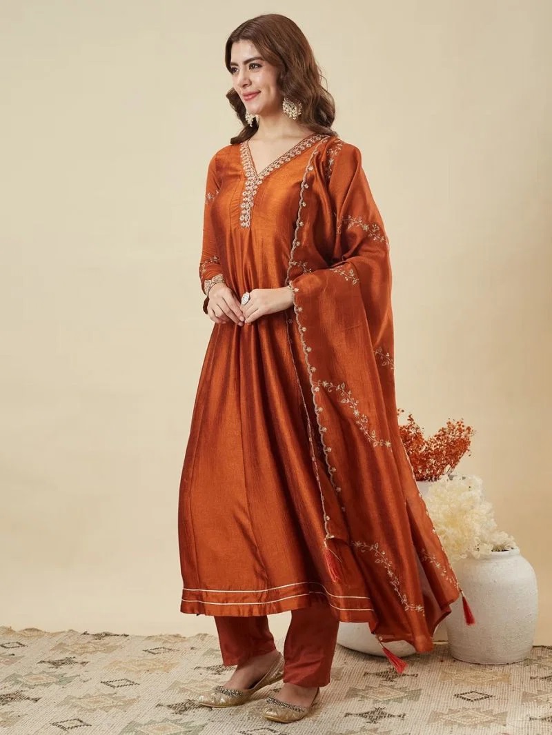 Navya Kurti 283 Vichitra Silk Fancy Neck Work Anarkali Kurti Set