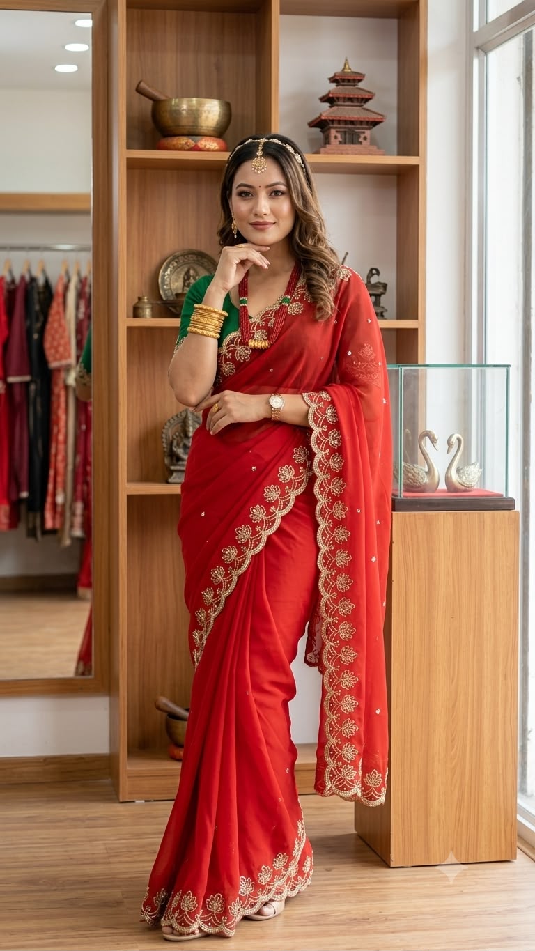 N-5609 Soft Georgette Red Embroidery Work Saree Collection