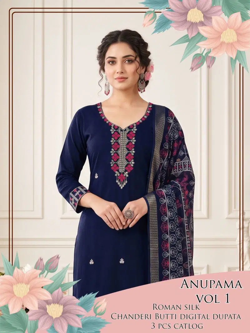 Anupama Vol 1 Roman Silk Embroidered Kurti Pant With Dupatta