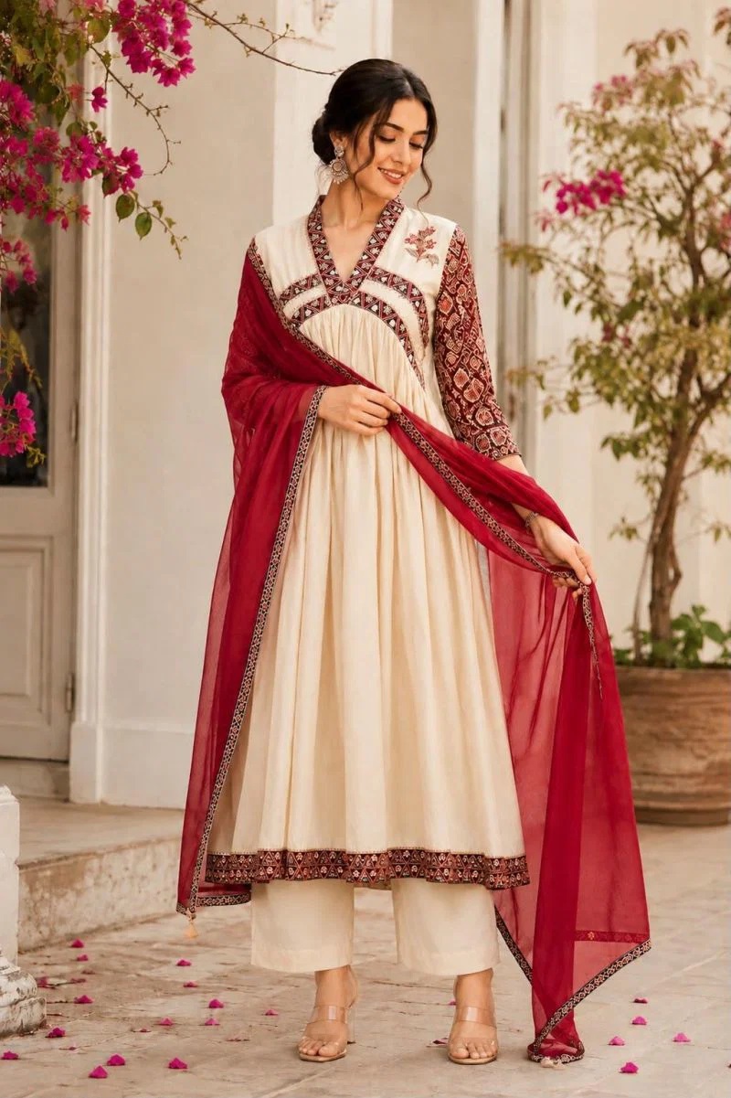 Tlc Vol 93 Cotton Applique Work Anarkali Kurti Set With Dupatta