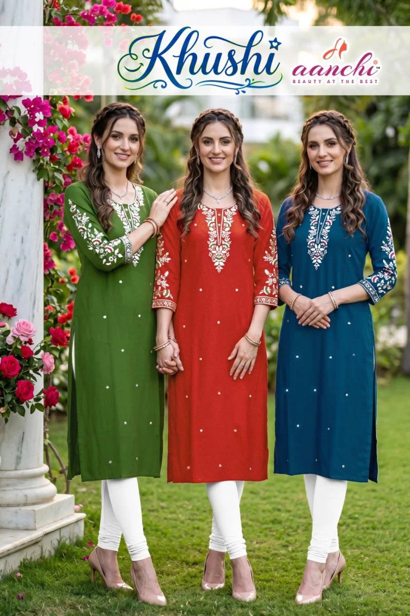 Aanchi Khushi Roman Silk Embroidered Kurti Collection