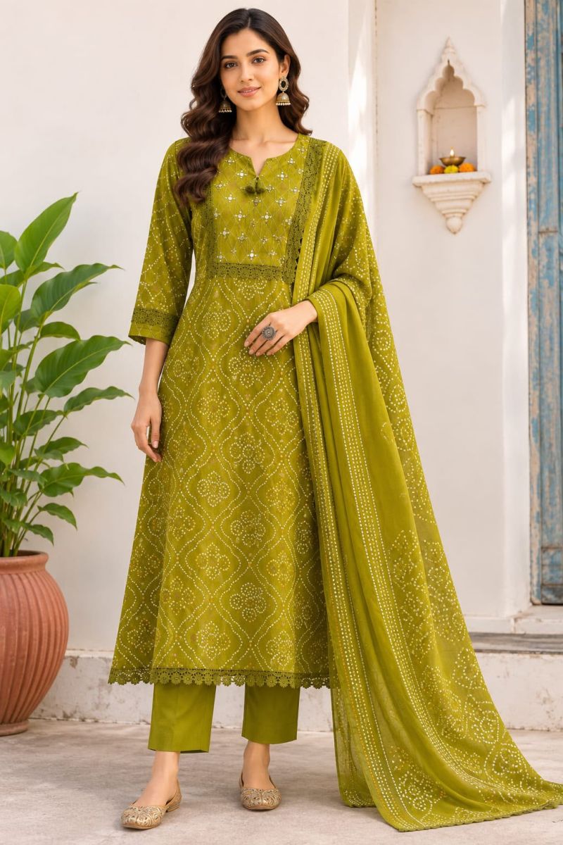 Tlc Vol 96 Cotton Bandhani Printed Kurti With Bottom Dupatta