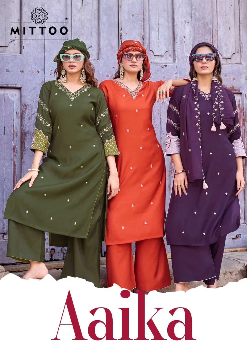 Mittoo Aaika Khatli Work Kurti With Pant Dupatta Collection