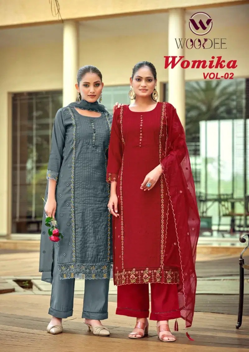 Woodee Womika Vol 2 Viscose Thread Work Kurti Set With Dupatta