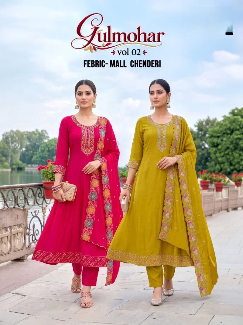 Gulmohar Vol 2 Mul Chanderi Anarkali Kurti Set With Dupatta