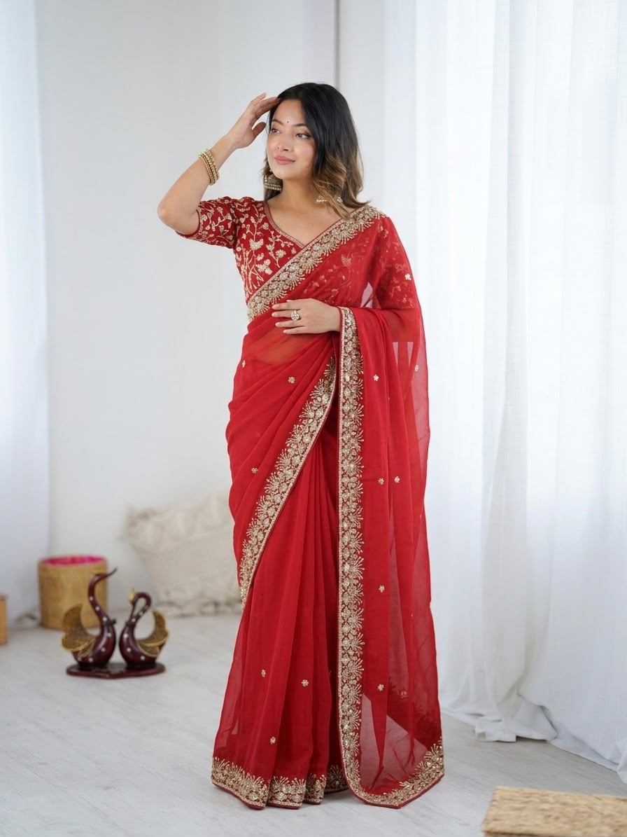NC-5526 Soft Silk Sequence Work Red Saree Collection