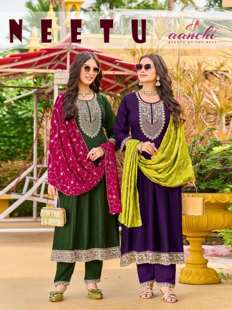 Aanchi Neetu Embroidered Anarkali Kurti Set With Dupatta