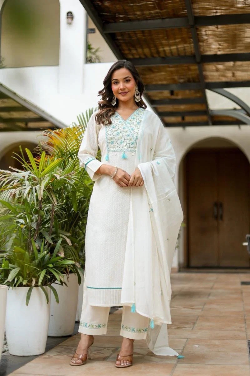 Tlc Vol 150 White Dhabu Cotton Kurti Set With Dupatta