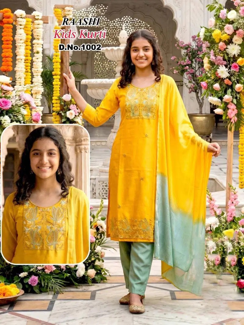 Raashi Kids Kurti Roman Silk Embroidered Kurti Set With Dupatta