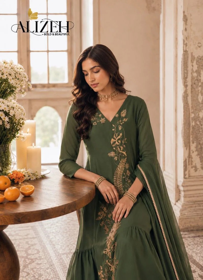 Alizeh 7110 Mul Chanderi Flower pattern Kurti Set With Dupatta