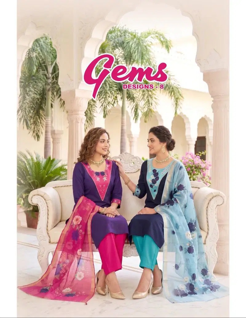Gems Vol 1 Silk Fancy Neck Work Casual Kurti Set With Dupatta
