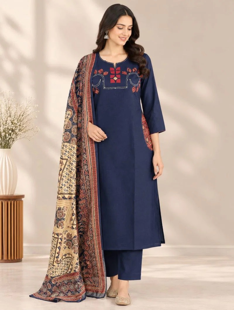 Naisha K 1329 Dhabu Cotton Mirror Work Kurti Set Dupatta