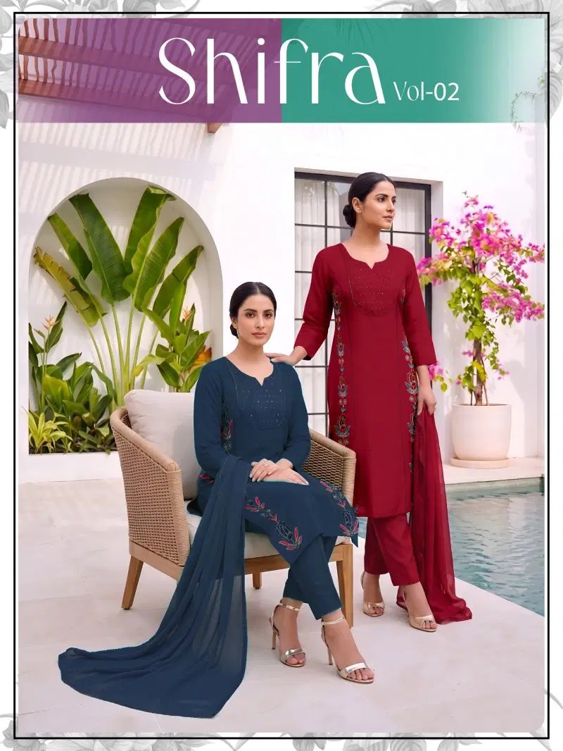 Shifra Vol 2 Roman Silk Embroidered Work Kurti Set With Dupatta