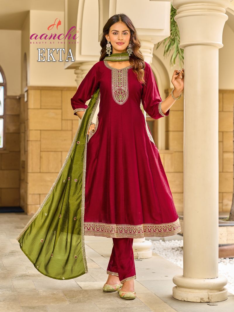 Aanchi Ekta Vichitra Silk Anarkali Kurti With Bottom Dupatta