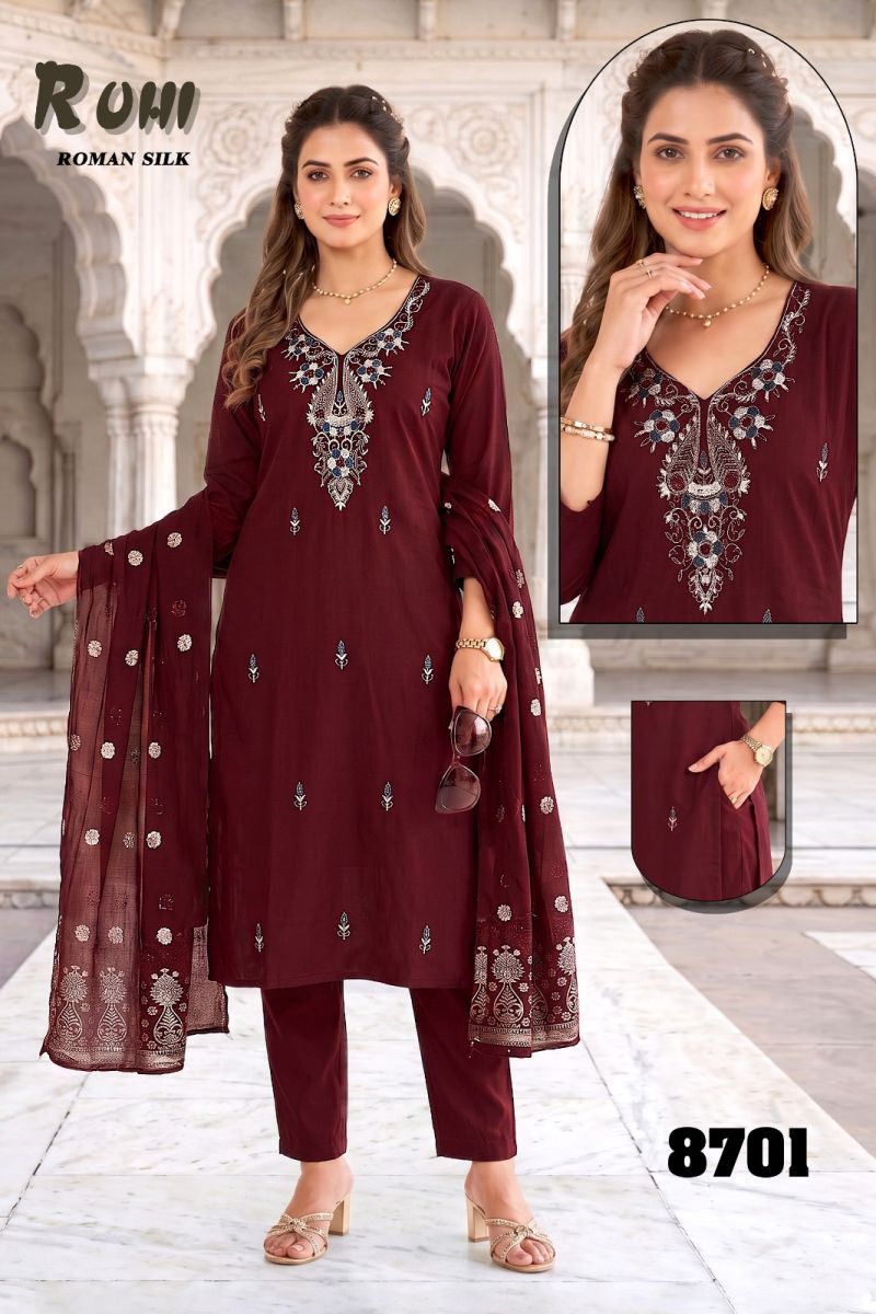Ruhi Vol 1 Roman Silk Embroidered Kurti With Bottom Dupatta