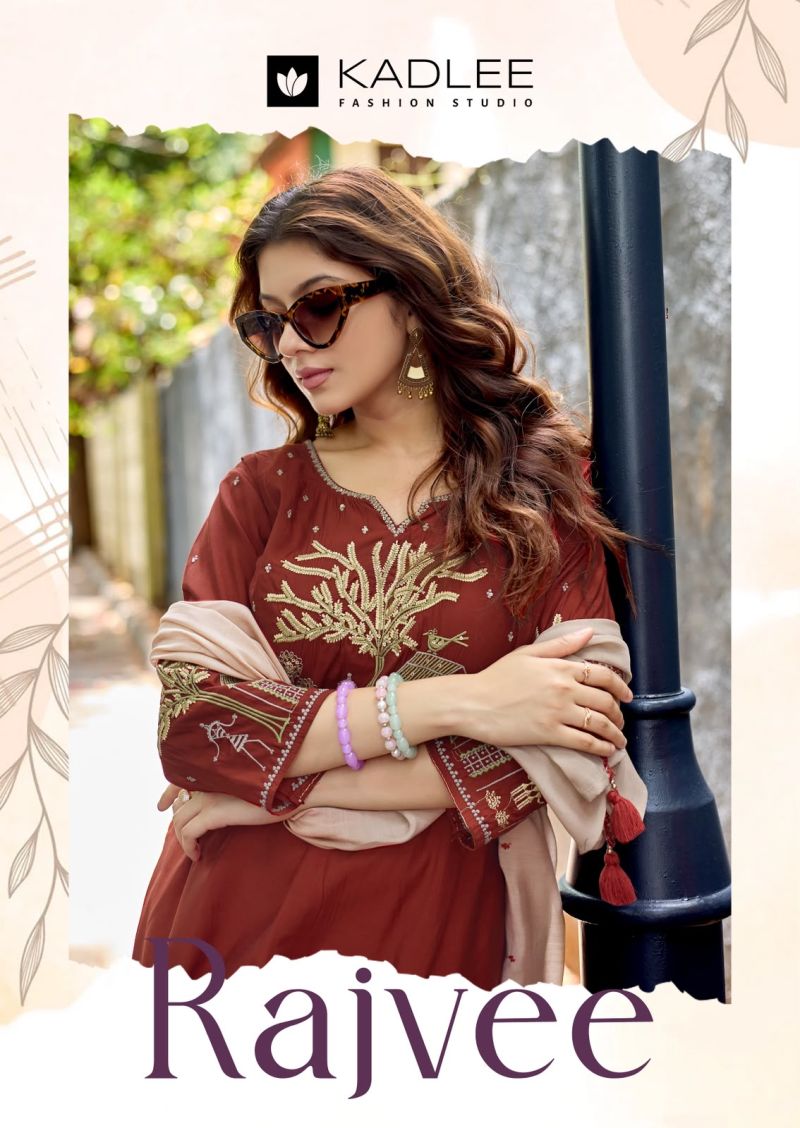 Kadlee Rajvee Roman Silk Thread Work Kurti With Bottom Dupatta