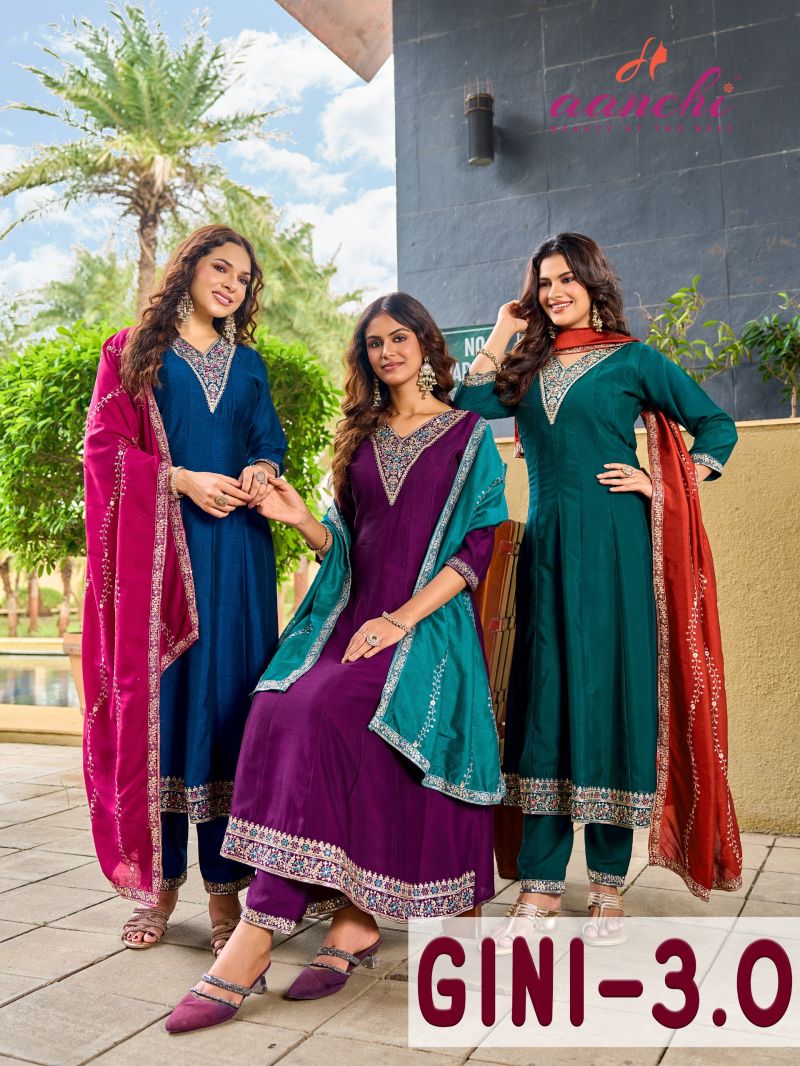 Aanchi Gini Vol 3 Vichitra Silk Anarkali Kurti With Bottom Dupatta