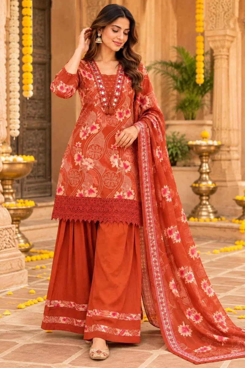 Tlc Vol 204 Cotton Mirror Work Short Kurti With Bottom Dupatta