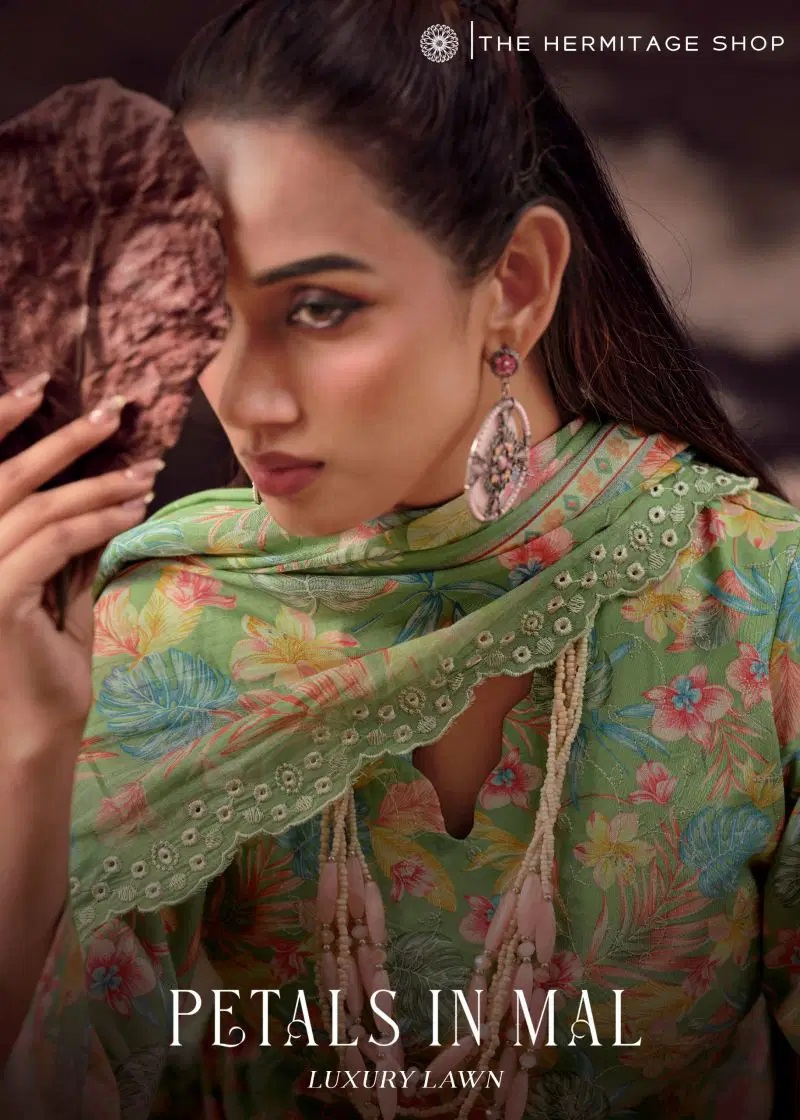 Hermitage Petals In Mal Lawn Cotton Embroidered Dress Material