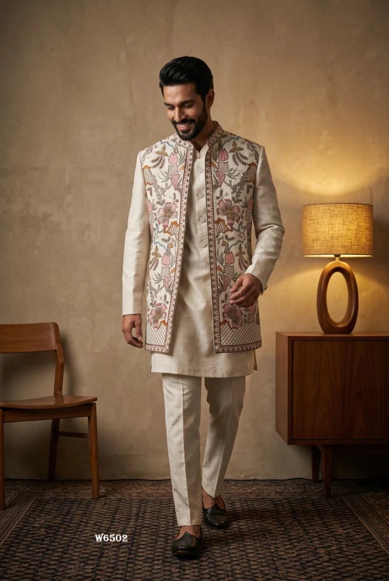 Outluk Wedding 65 Embroidered Mens Kurta With Jacket Pajama