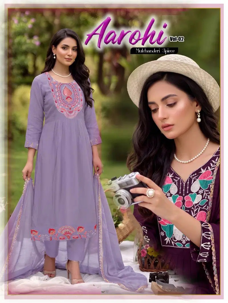 Aarohi Vol D No 2001 Mul Chanderi Embroidered Kurti Set Dupatta