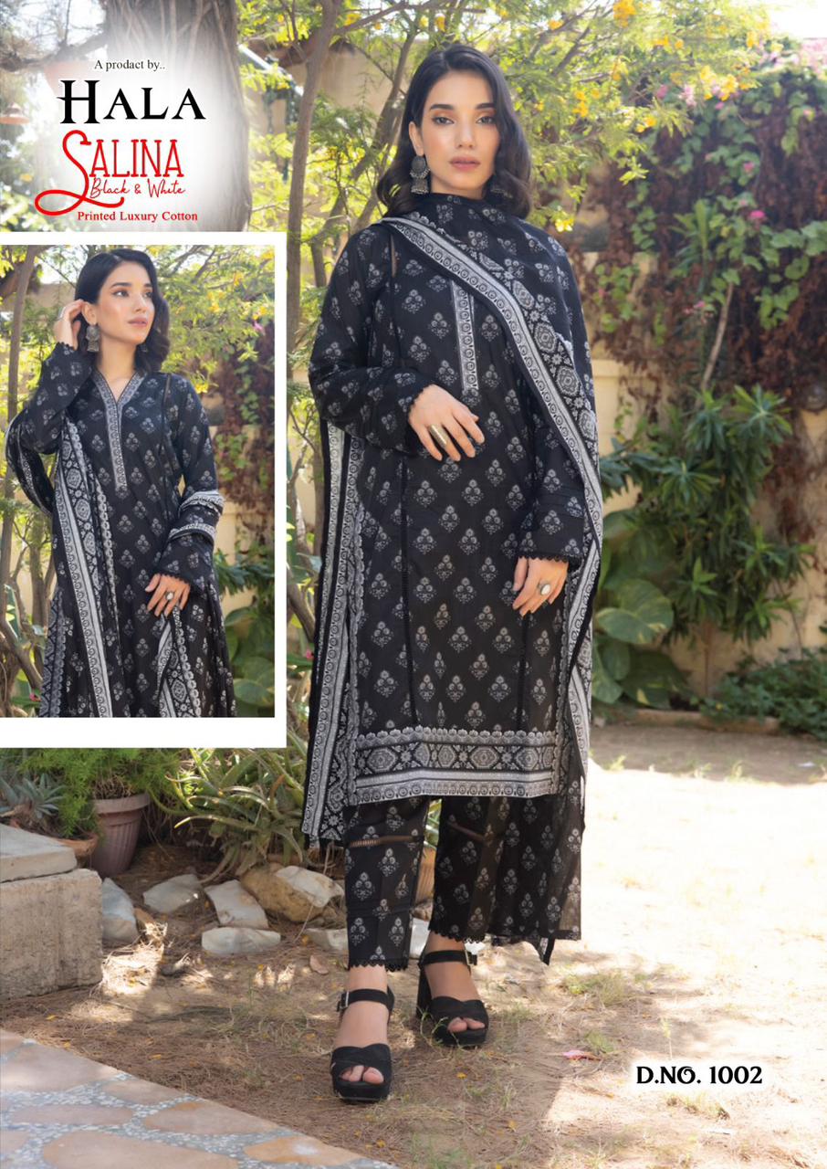 Hala Salina Black And White Cotton Dress Material