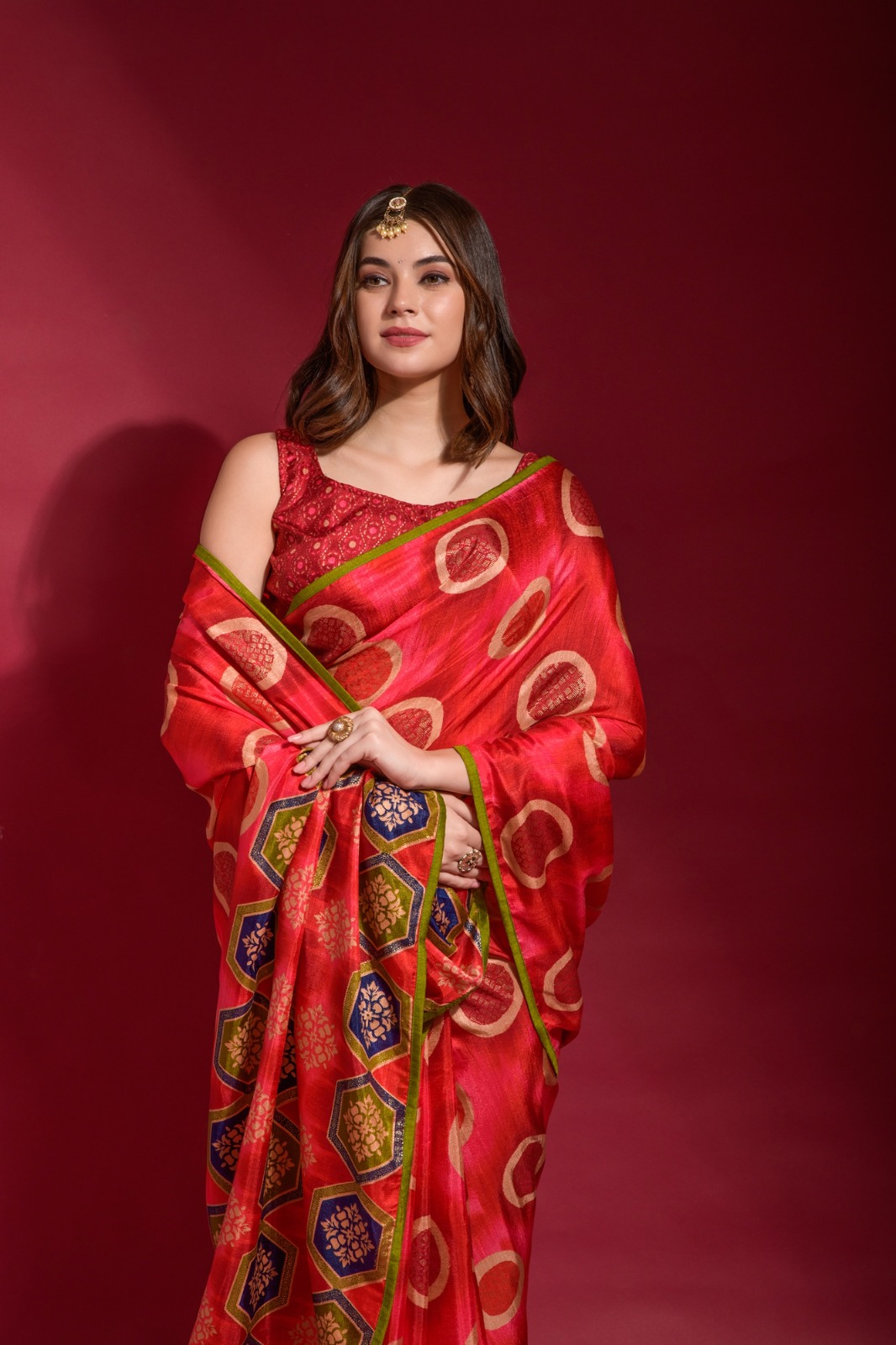 Printed Art silk Saree in Red with Blouse UK - SR24043