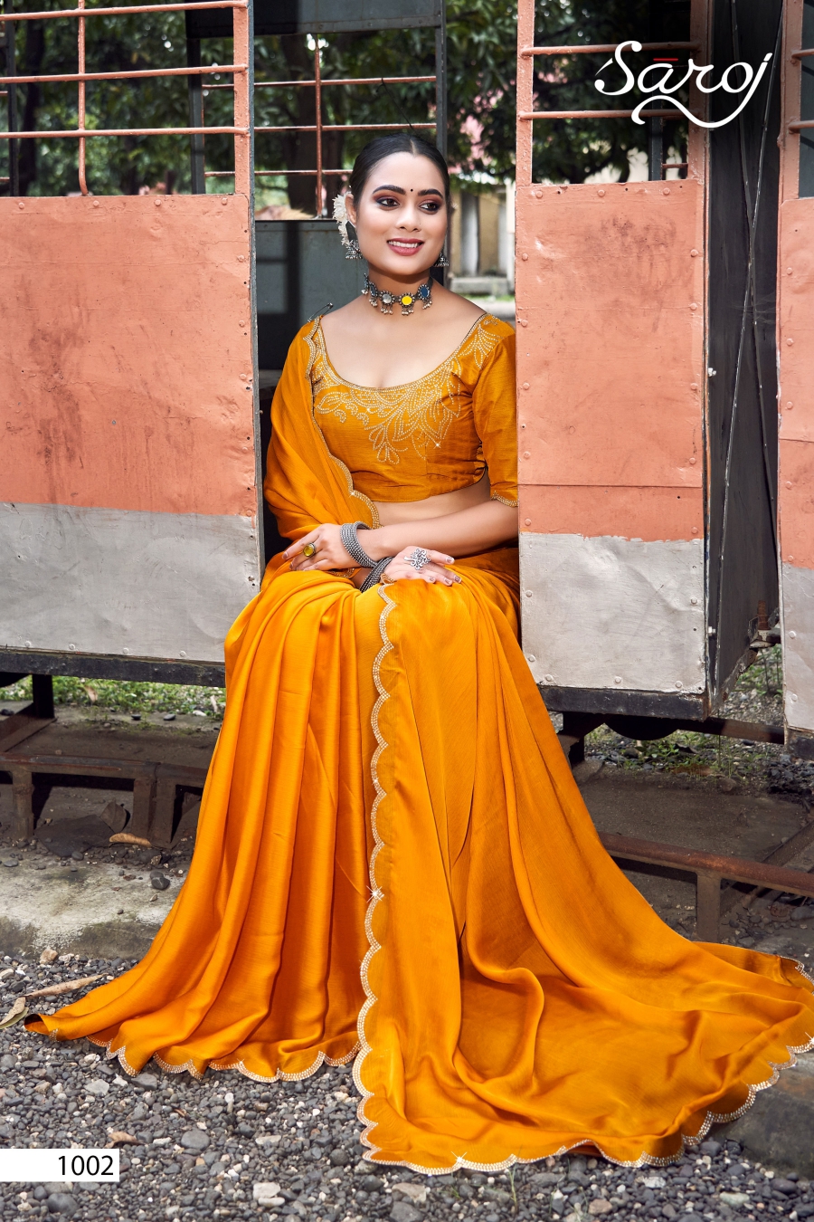 Saroj Sandal Wood Satin Chiffon Plain Saree Collection