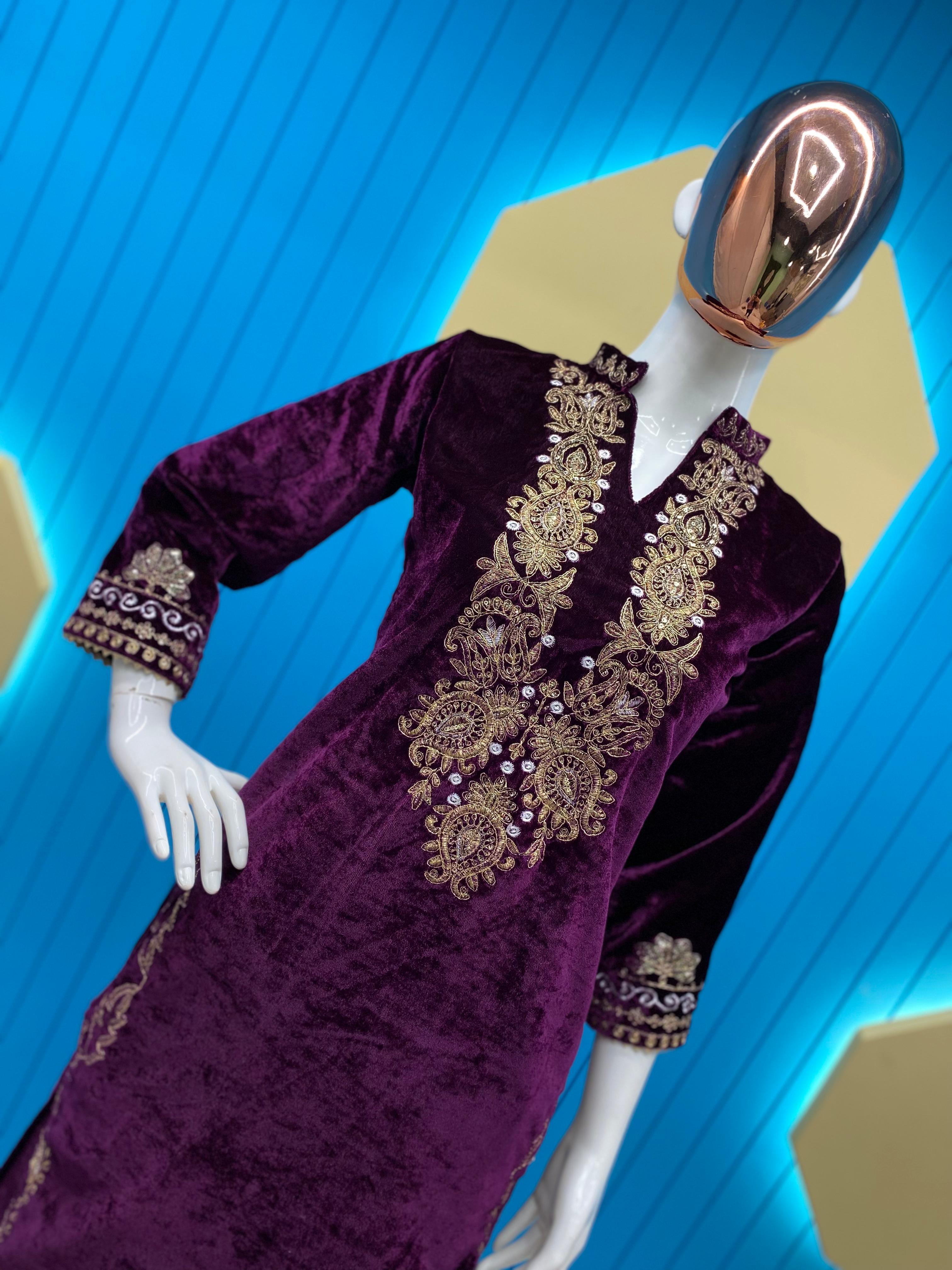 fitted lace wedding dress FARIDA HASAN LUXURY PURPLE VELVET DRESS| UNSTITCHED VELVET COLLECTION|   Shaebiz Collection