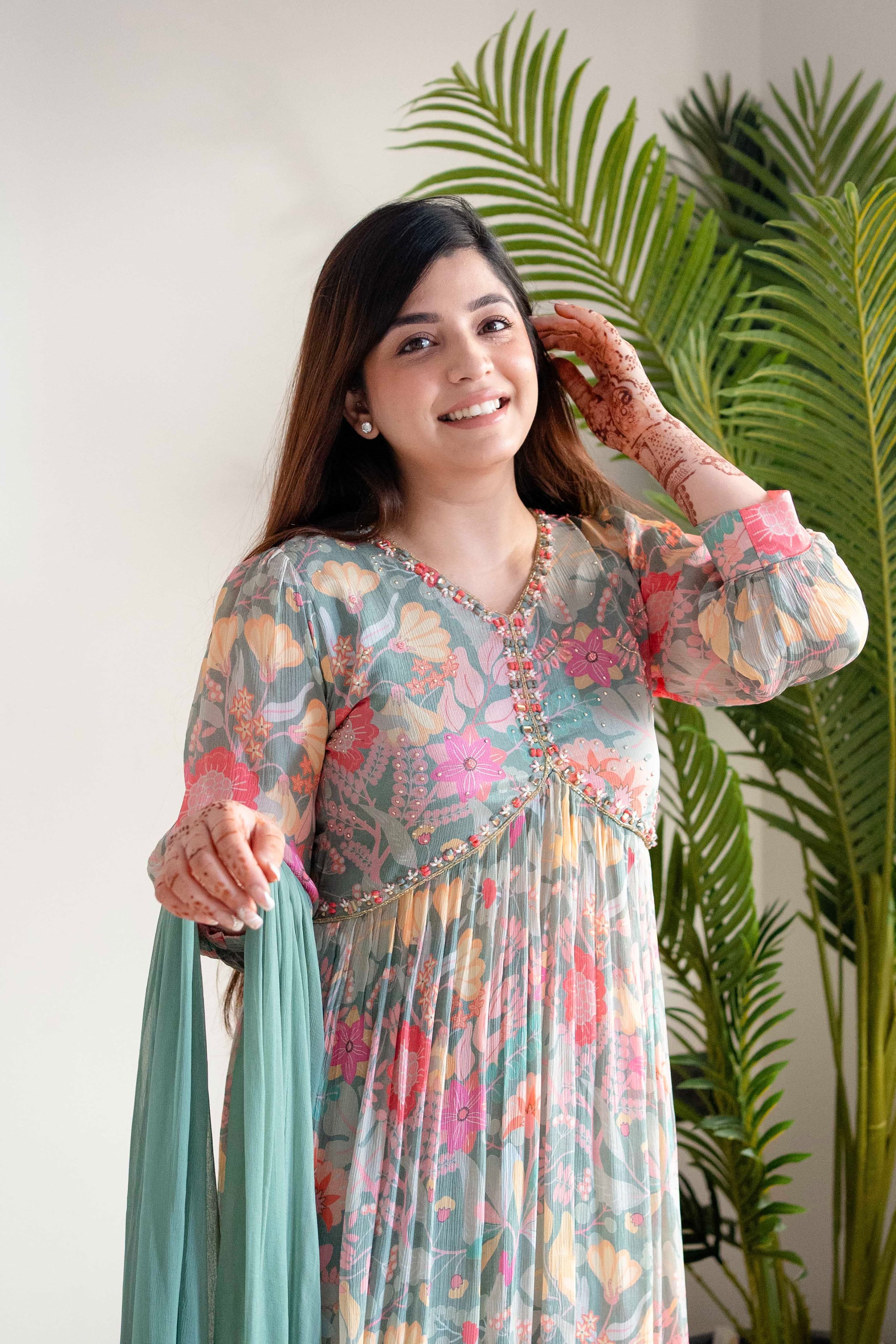 Mehera Green Designer Alia Cut Kurti Bottom With Dupatta