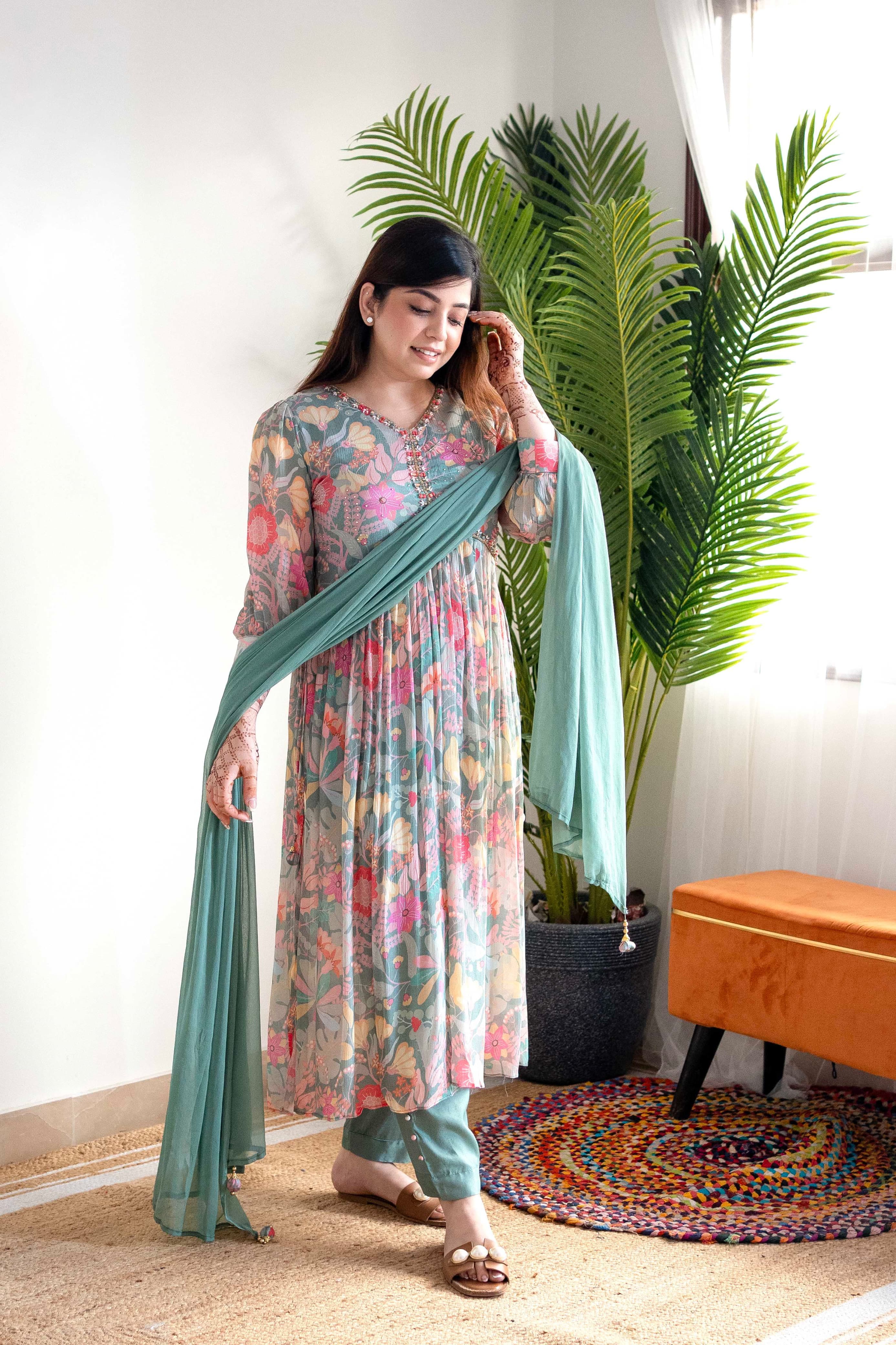 Mehera Green Designer Alia Cut Kurti Bottom With Dupatta