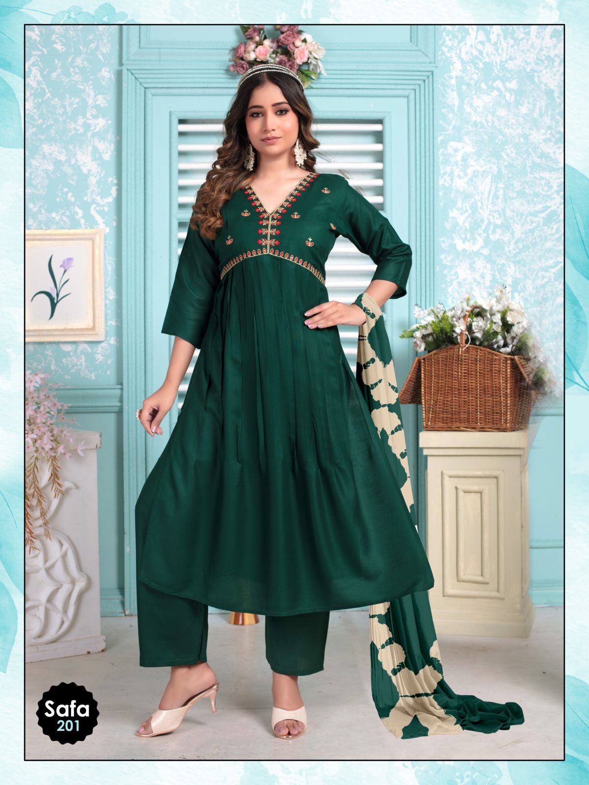 Ff Safa Vol 1 V Neck Embroidery Work Alia Cut Kurti Bottom With Dupatta