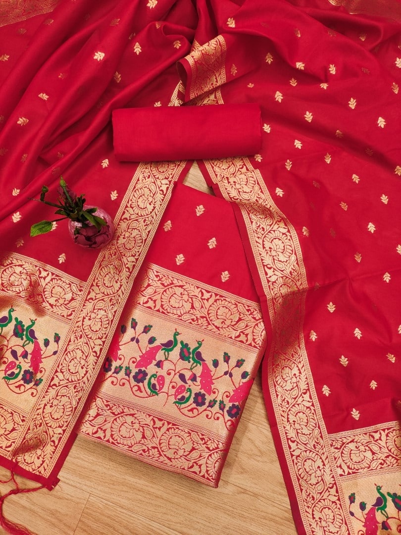 silk dress material price Gaji Silk Original Hand Blocked Ajrakh Dress Material (Unstitched)