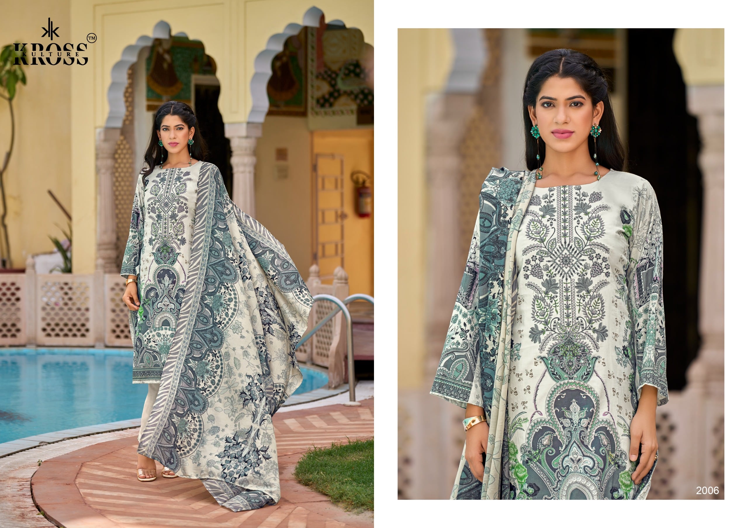 white christmas dresses Hand block Kalamkari 3 pc Salwar Suit Dress Material with Chiffon Dupatta