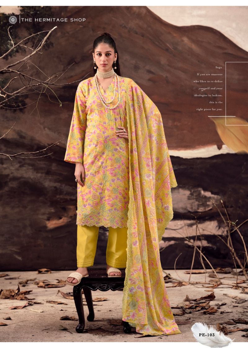 Hermitage Petals In Mal Lawn Cotton Embroidered Dress Material